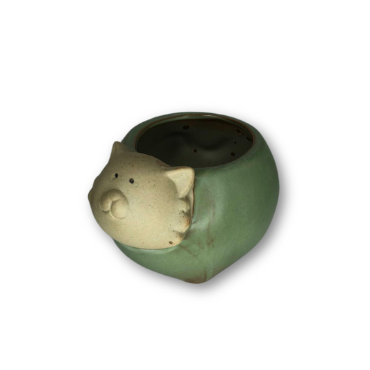 Rustic Antique Green Cat, Flower Pot