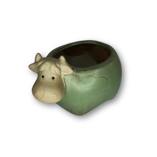 Rustic Antique Green Cow, Flower Pot