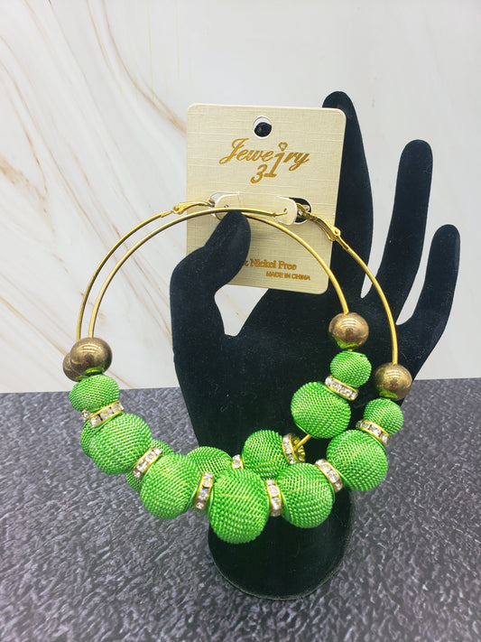 Lime Green and Gold Bead Hoop Earrings *New*