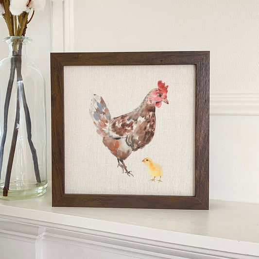 Watercolor Hen with Chick - Framed Sign