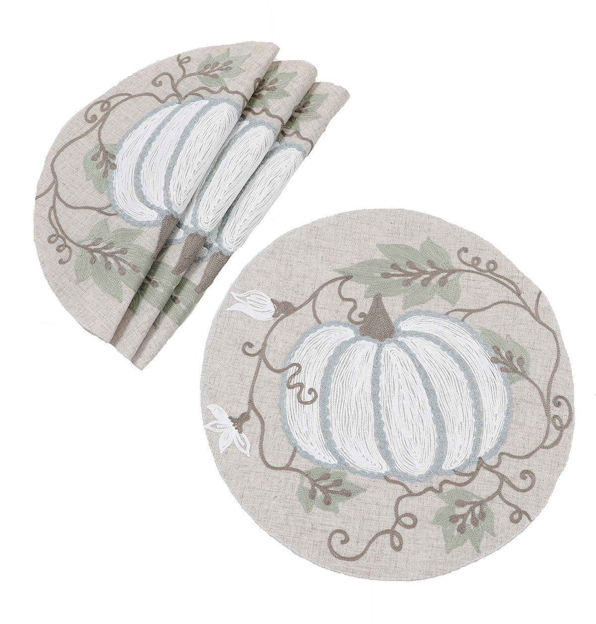 Harvest Pumpkins And Vines Crewel Embroidered Fall Placemats