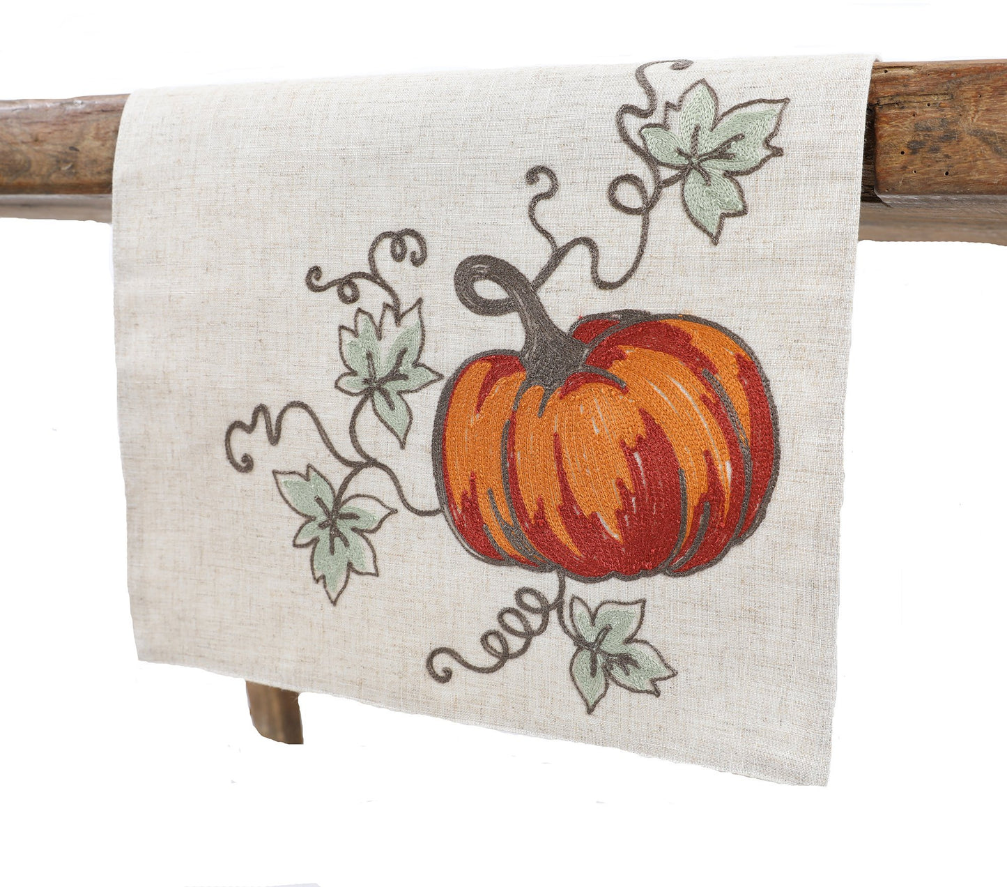 Rustic Pumpkin Crewel Embroidered Fall Table Runner