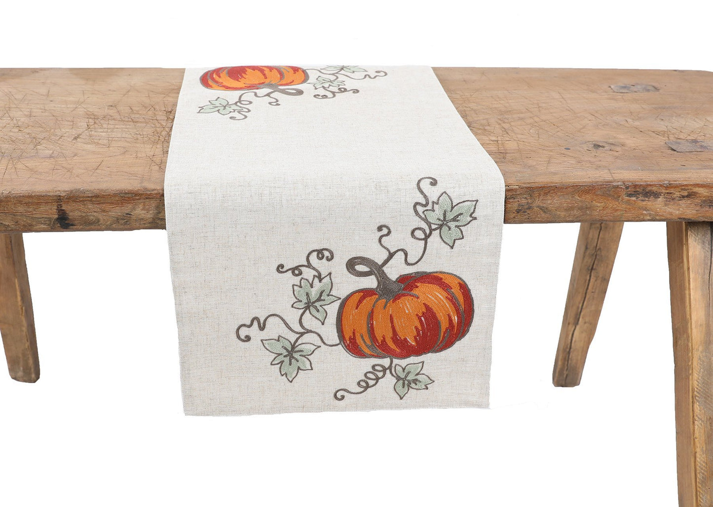 Rustic Pumpkin Crewel Embroidered Fall Table Runner