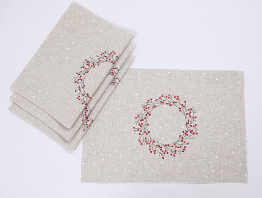 Holly Berry Wreath Embroidered Christmas Placemats