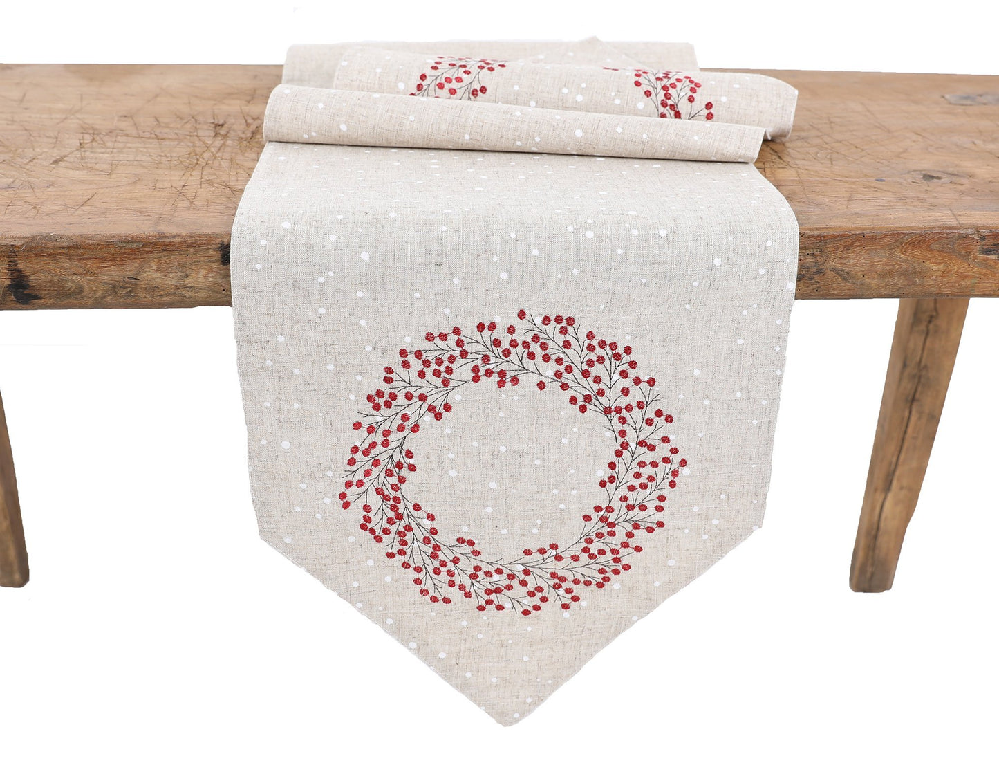 Holly Berry Wreath Embroidered Christmas Table Runner