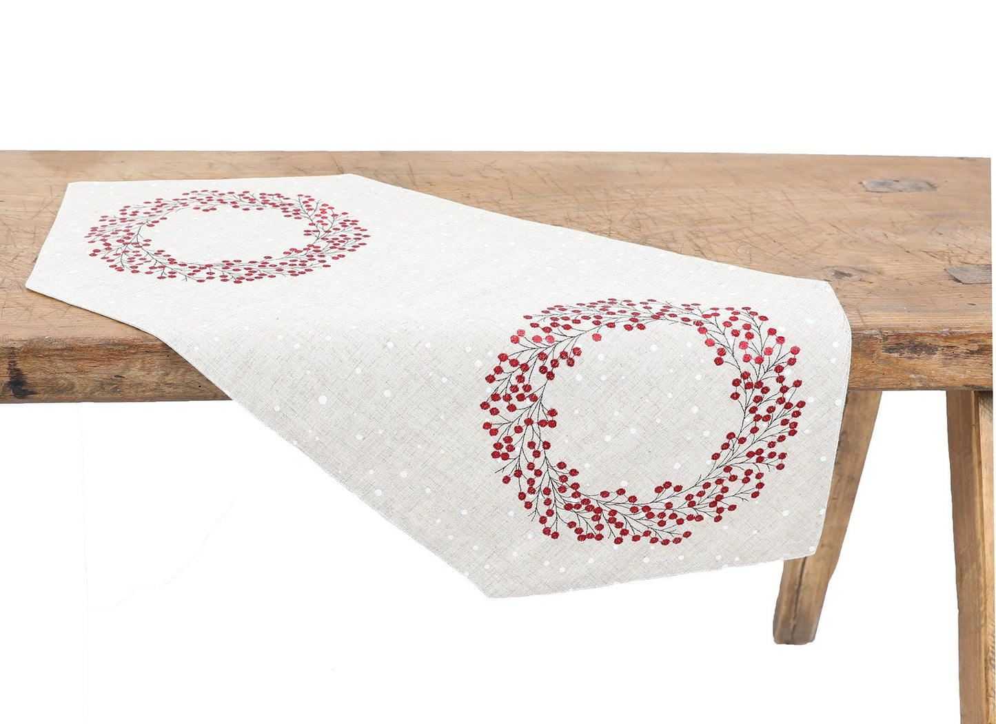 Holly Berry Wreath Embroidered Christmas Table Runner