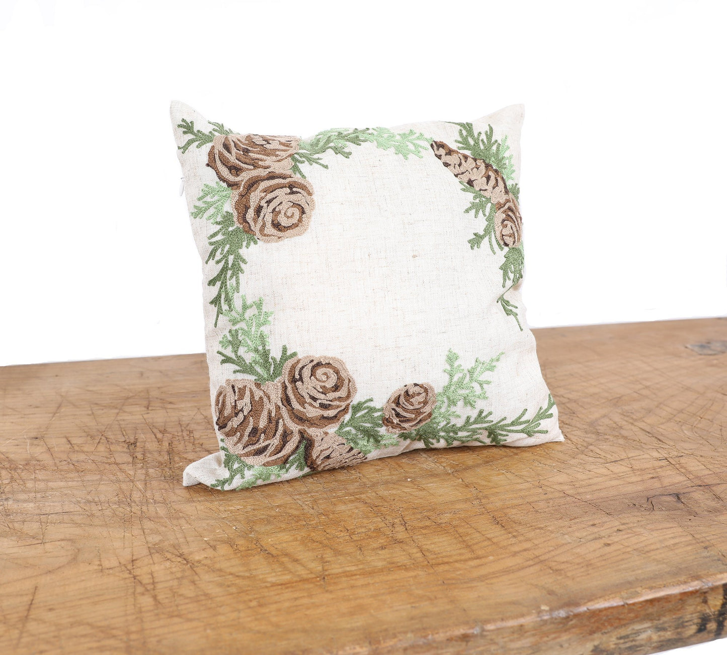 Winter Pine Cones & Branches Crewel Embroidered Pillow 14 by