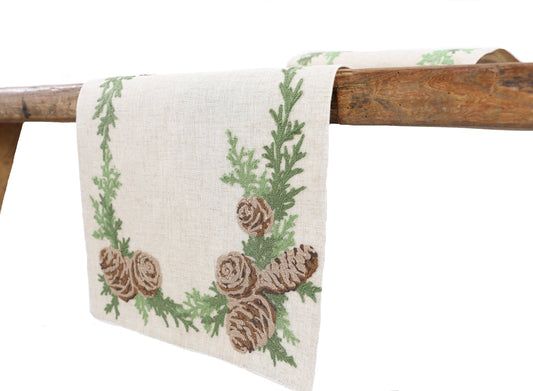 Winter Pine Cones & Branches Crewel Embroidered Table Runner