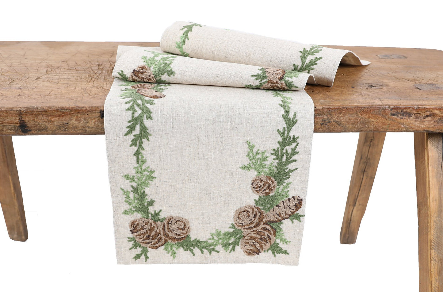 Winter Pine Cones & Branches Crewel Embroidered Table Runner