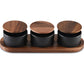 Black Ceramic Condiment Set on Acacia Wood Base