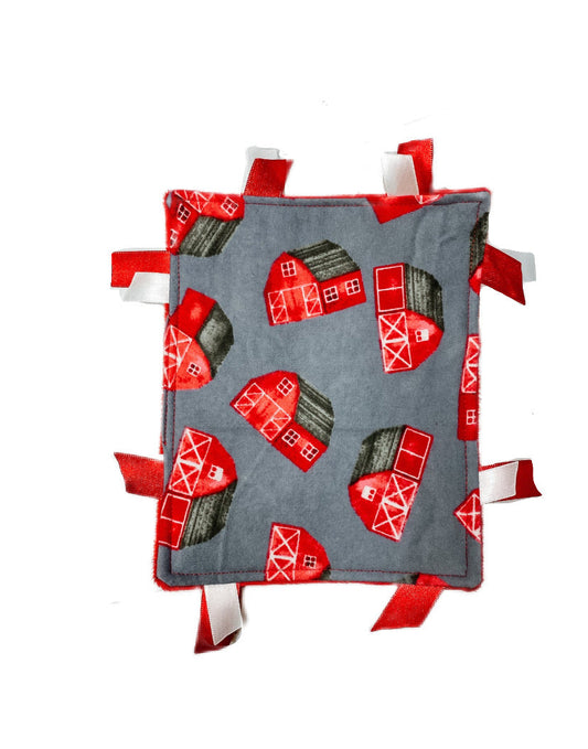 barn crinkle sensory toy for baby (red & white ribbons)